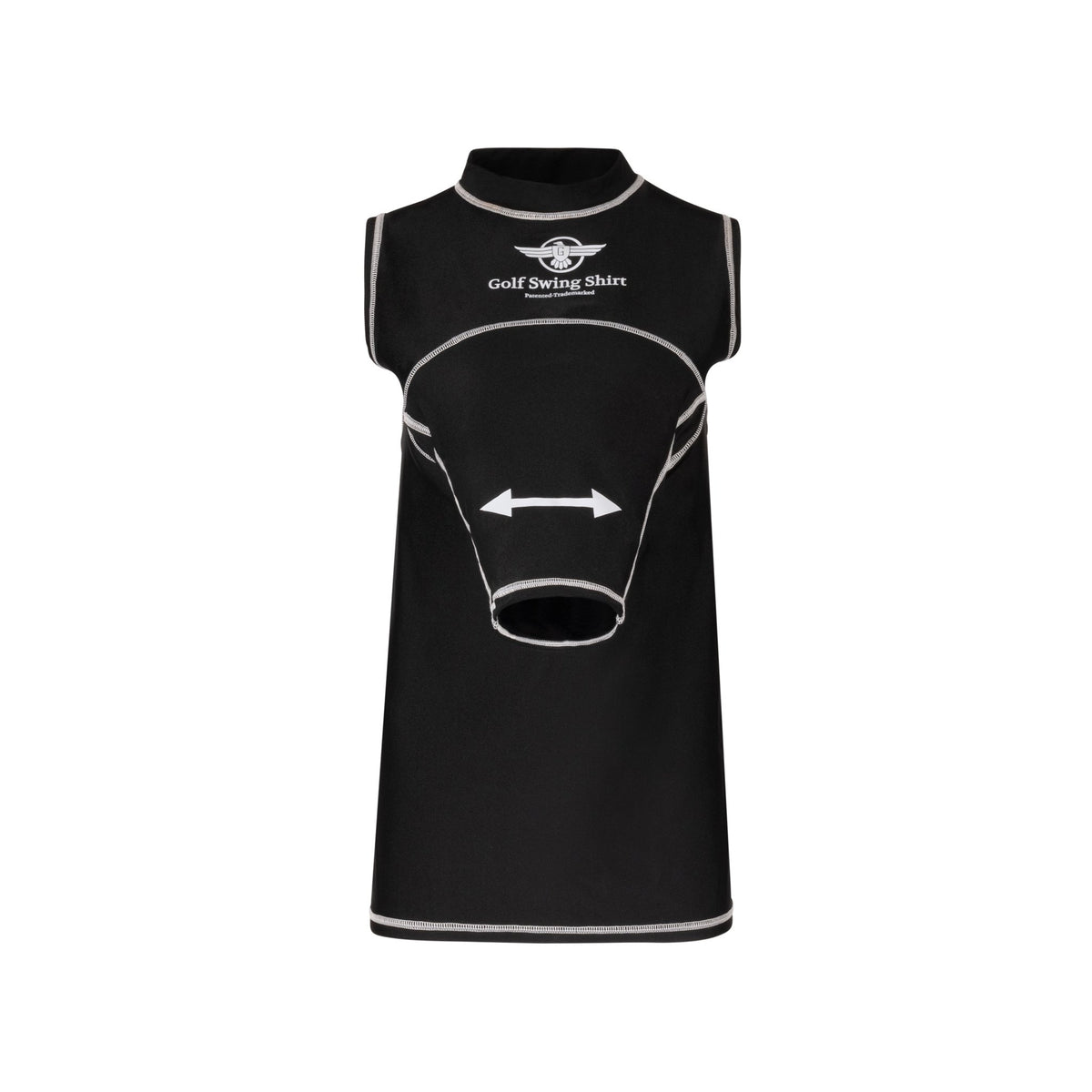 Golf Swing Shirt close-up of patented compression fabric with swing plane guide panels and Golf Swing Shirt logo front view