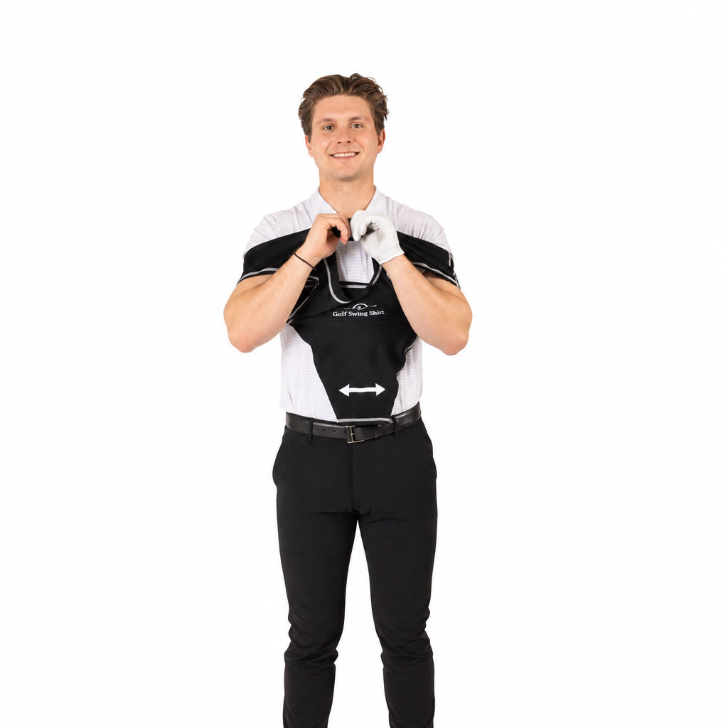 Golf Swing Shirt male golfer putting on training aid showing how to wear it over golf attire with bidirectional arrow indicator