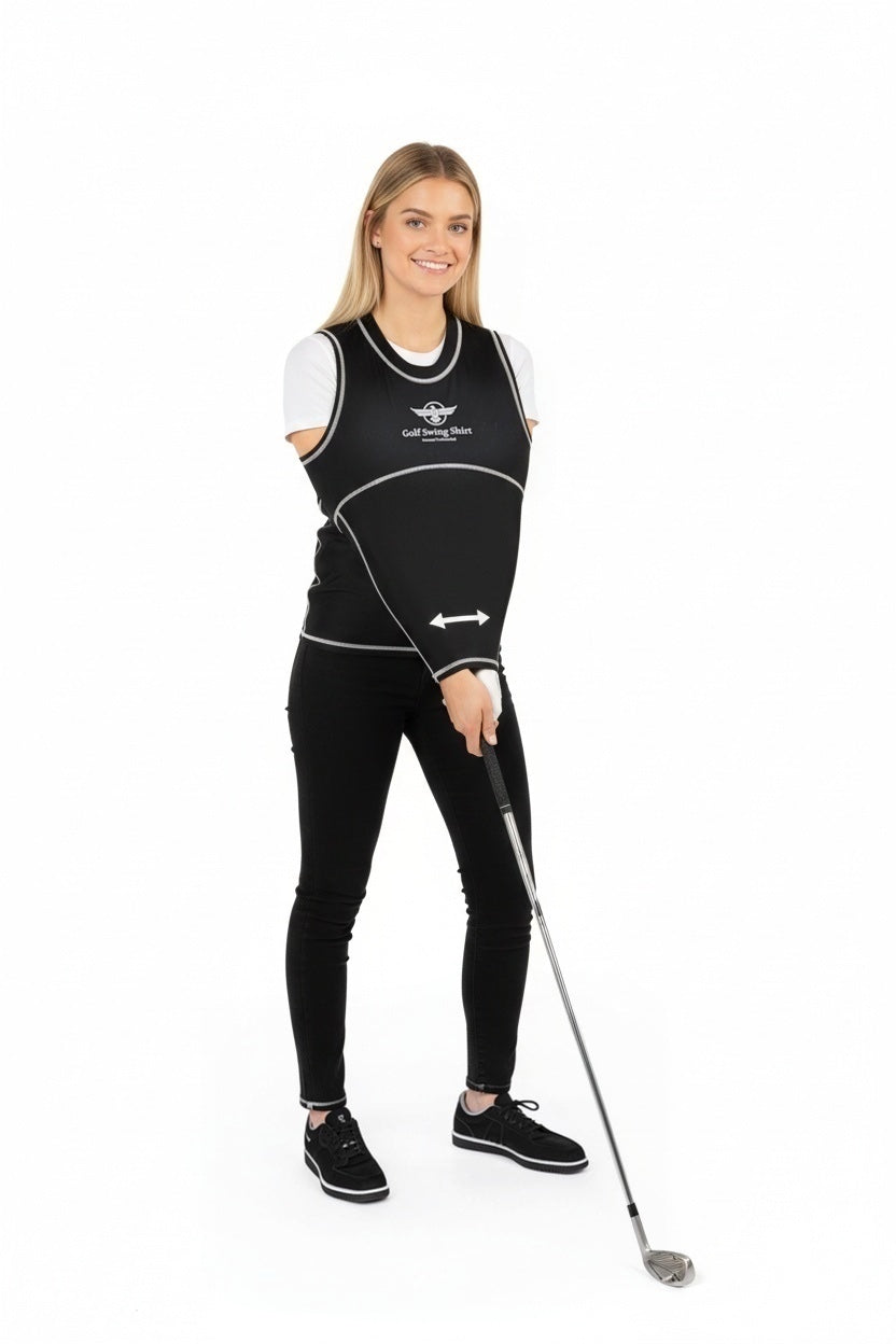 A woman modeling a black and white sleeveless athletic vest with white graphic details, paired with black leggings and black sneakers, holding a golf club on a solid white background.