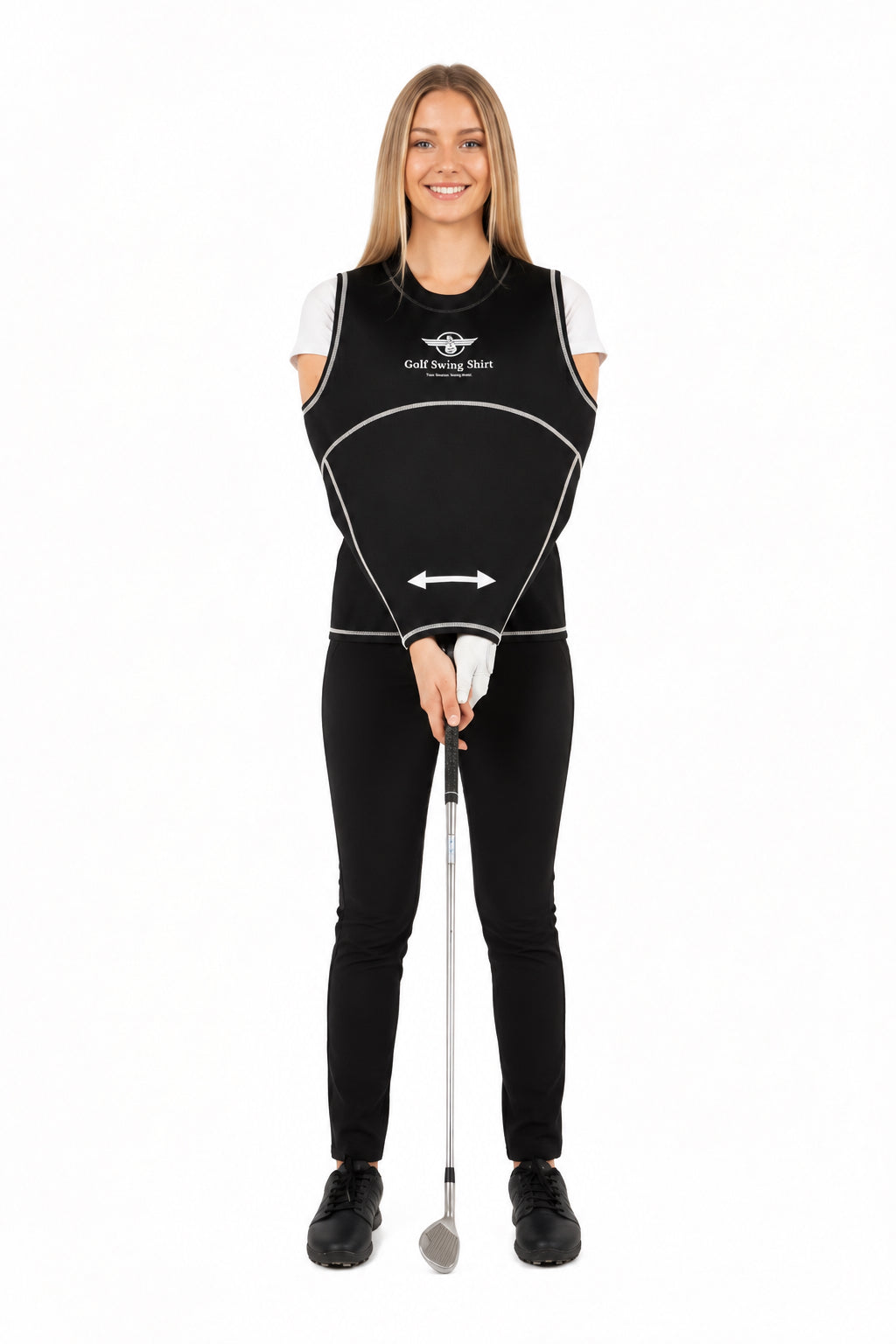 Golf Swing Shirt women's black training aid front view showing compression panels and swing arrow at address position