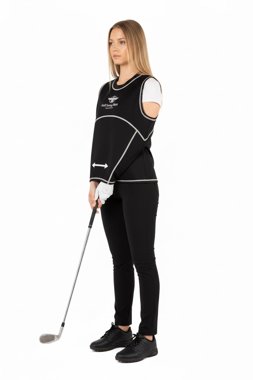 Golf Swing Shirt women's swing trainer front view at follow-through showing arm-body connection and swing panels