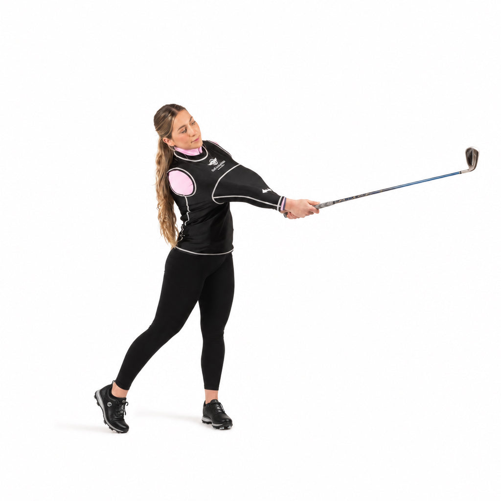 Golf Swing Shirt women's golf training aid side view at follow-through with connected arm swing