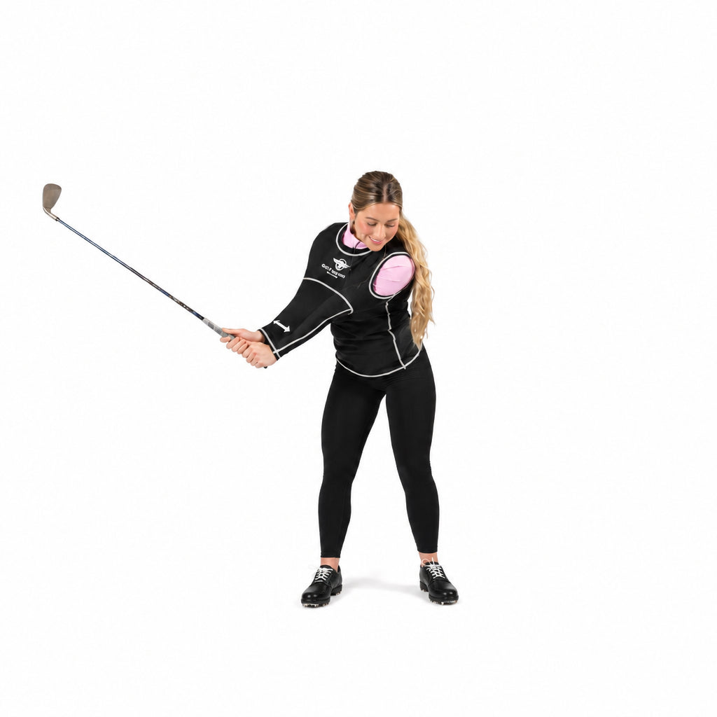 Golf Swing Shirt women's golf swing trainer side view demonstrating connected arm position at address