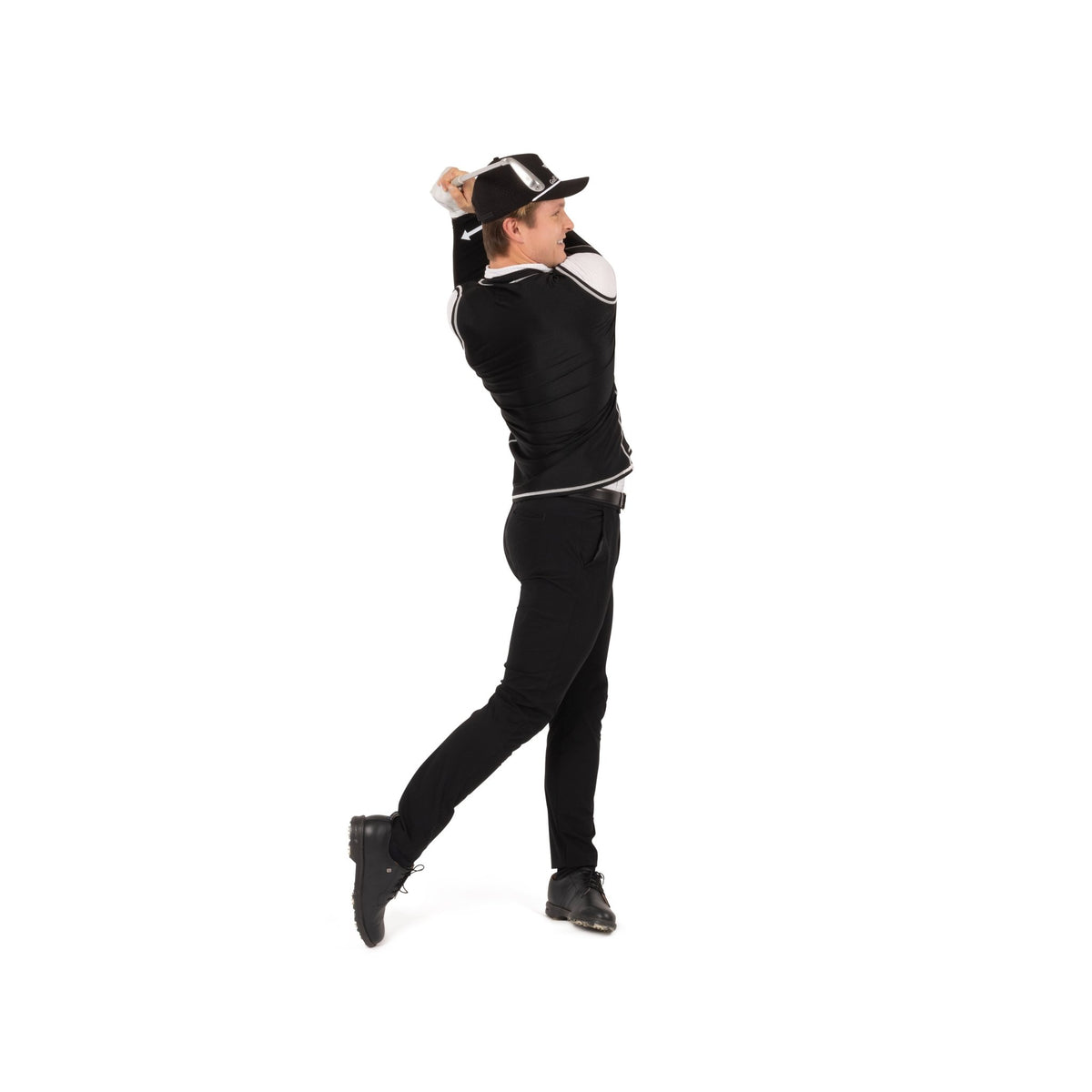 Golf Swing Shirt male golfer at top of backswing showing connected arm-body rotation with training aid