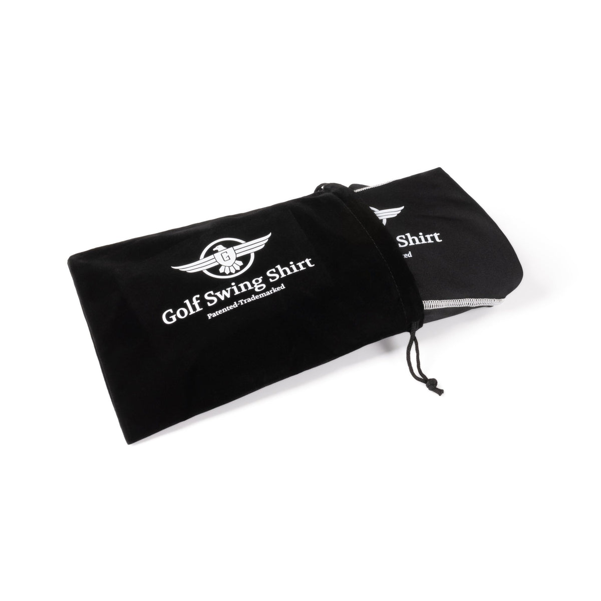 Golf Swing Shirt branded drawstring storage pouch lying flat showing patented trademarked logo