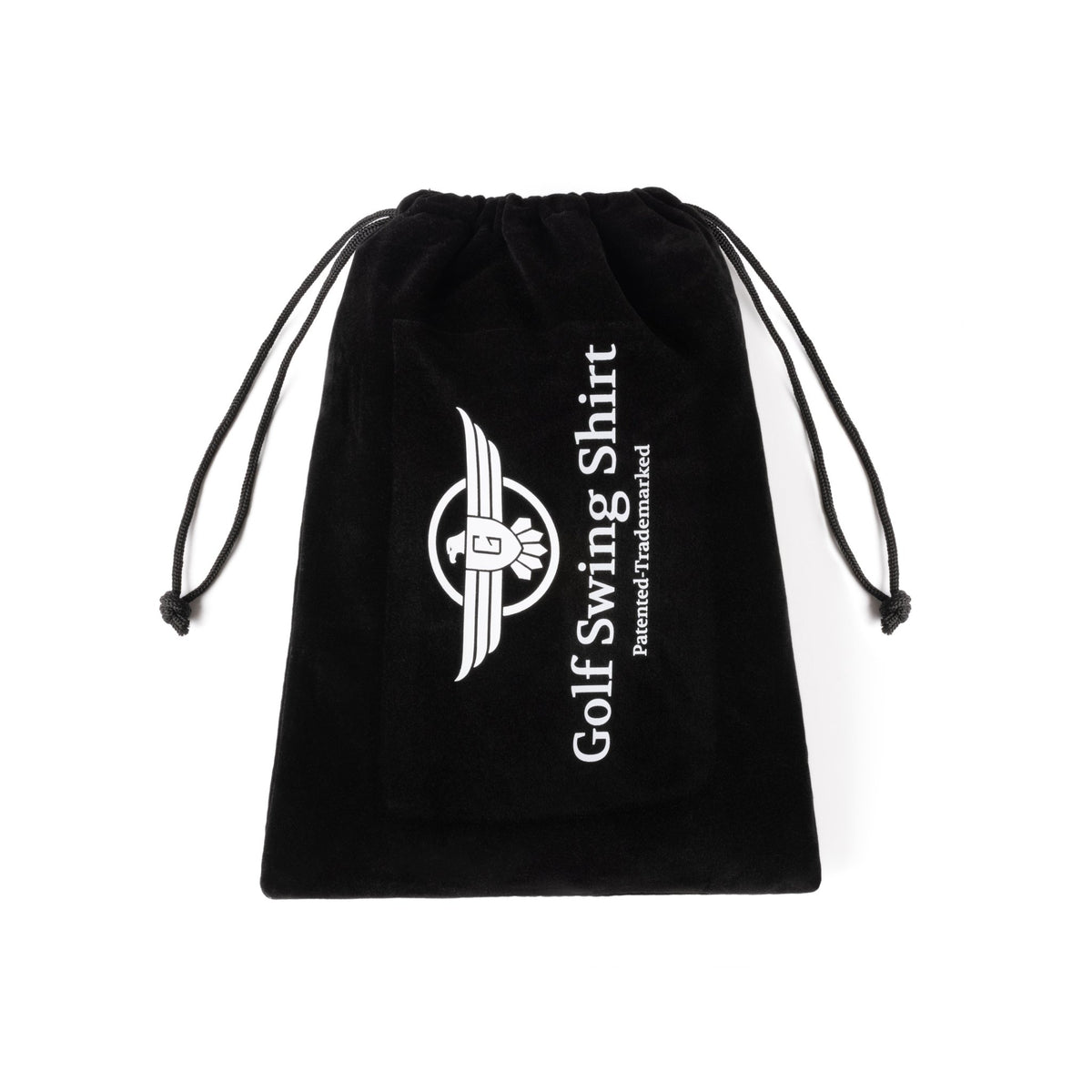 Golf Swing Shirt branded black drawstring bag for storing and transporting golf swing training aid