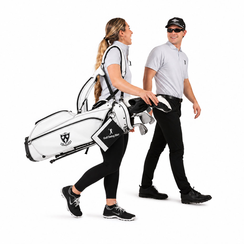 Golf Swing Shirt lifestyle shot showing male and female golfers ready for the course with training aid