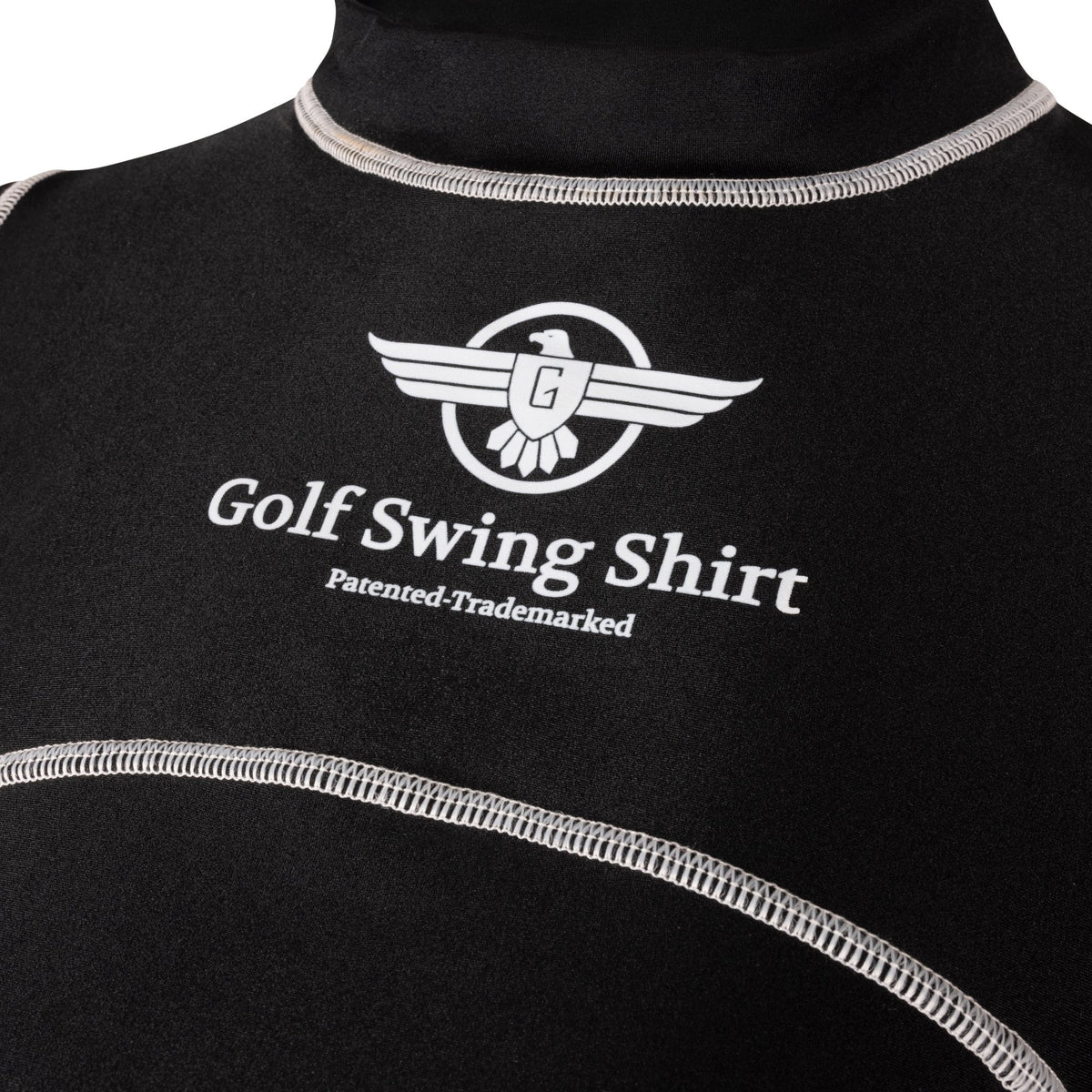 Golf Swing Shirt close-up of patented compression fabric with swing plane guide panels and Golf Swing Shirt logo