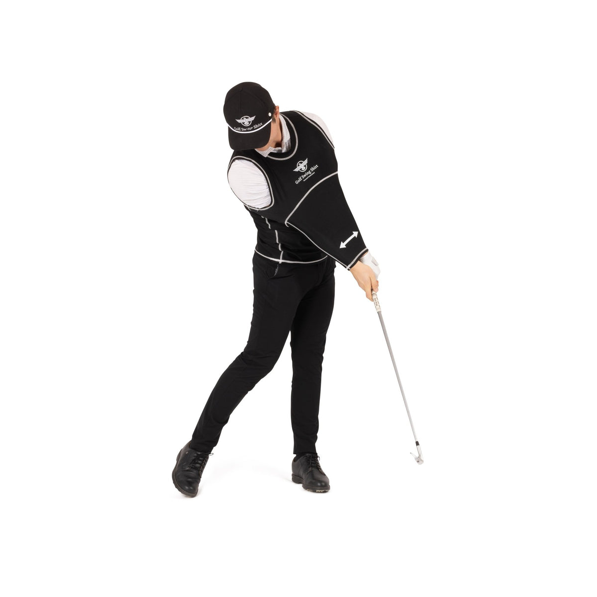 Golf Swing Shirt unisex black training aid worn by male golfer showing arm-body connection