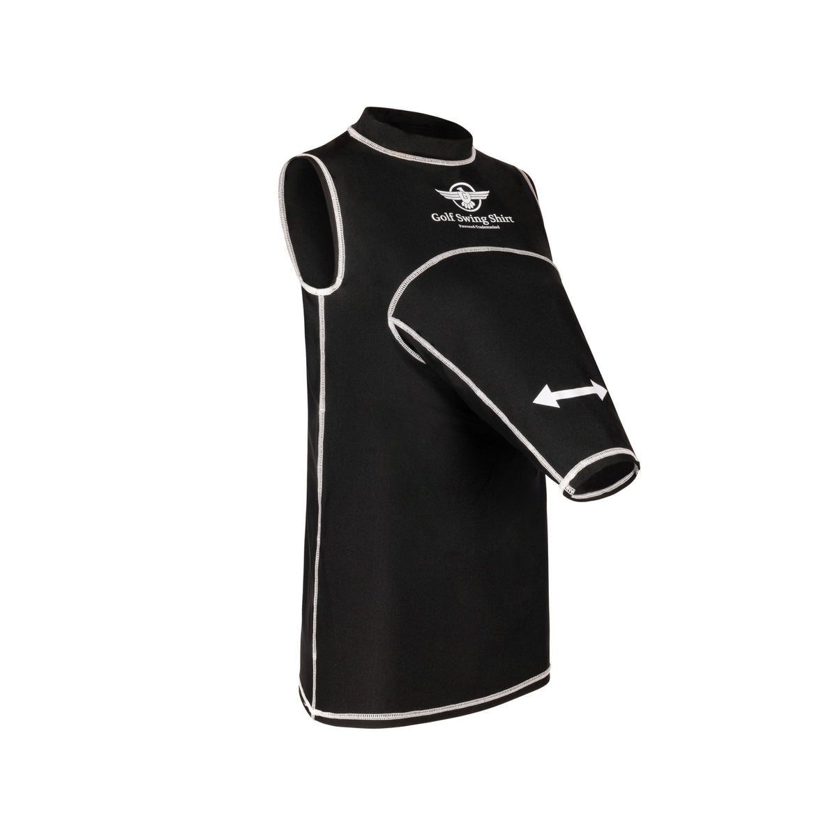 Golf Swing Shirt close-up of patented compression fabric with swing plane guide panels and Golf Swing Shirt logo side view 
